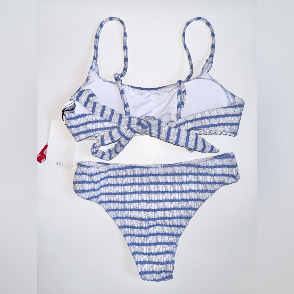 NWT Cider Textured Stripe Bikini Set Medium Blue White Tie Front Top & Bottoms - Picture 3 of 7